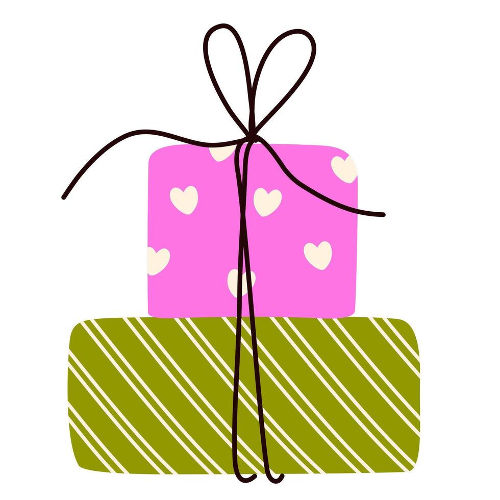 Gift box with bow string. Birthday present in festive paper wrapping. Holiday surprise in simple doodle style. Giftbox icon. Flat graphic illustration isolated on white background vector