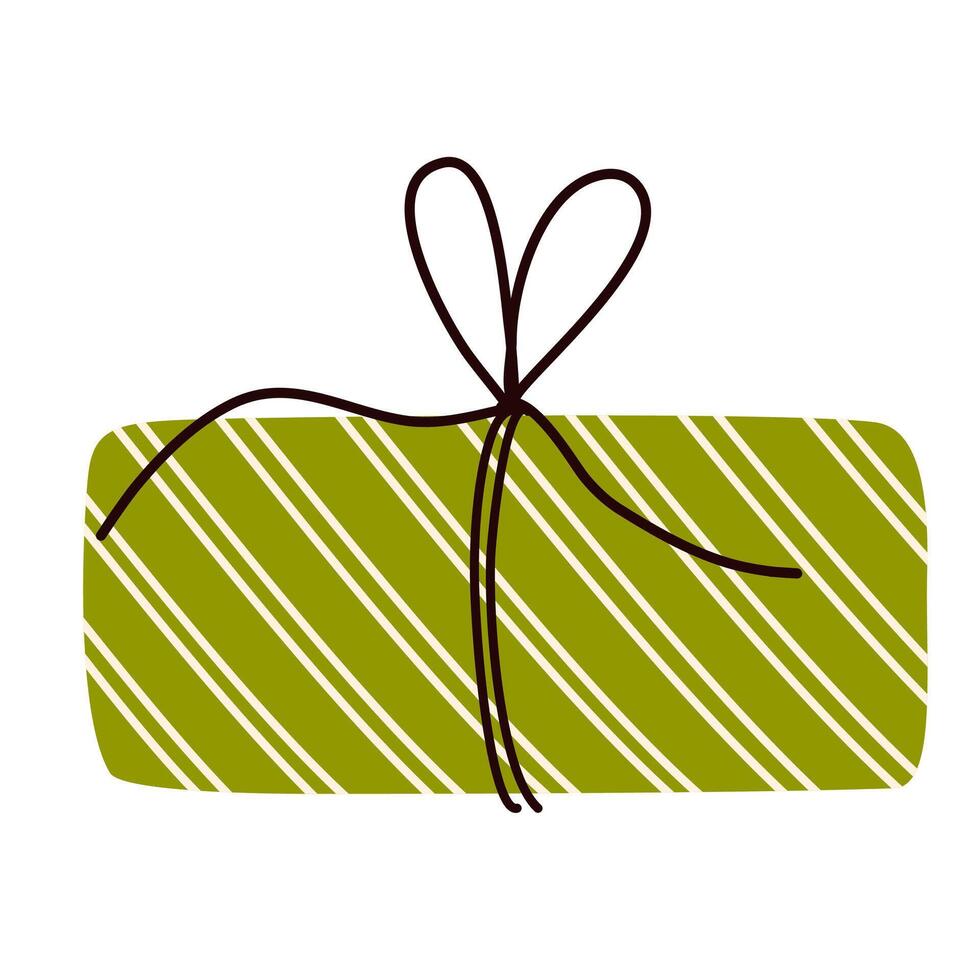 Gift box with bow string. Birthday present in festive paper wrapping. Holiday surprise in simple doodle style. Giftbox icon. Flat graphic illustration isolated on white background vector