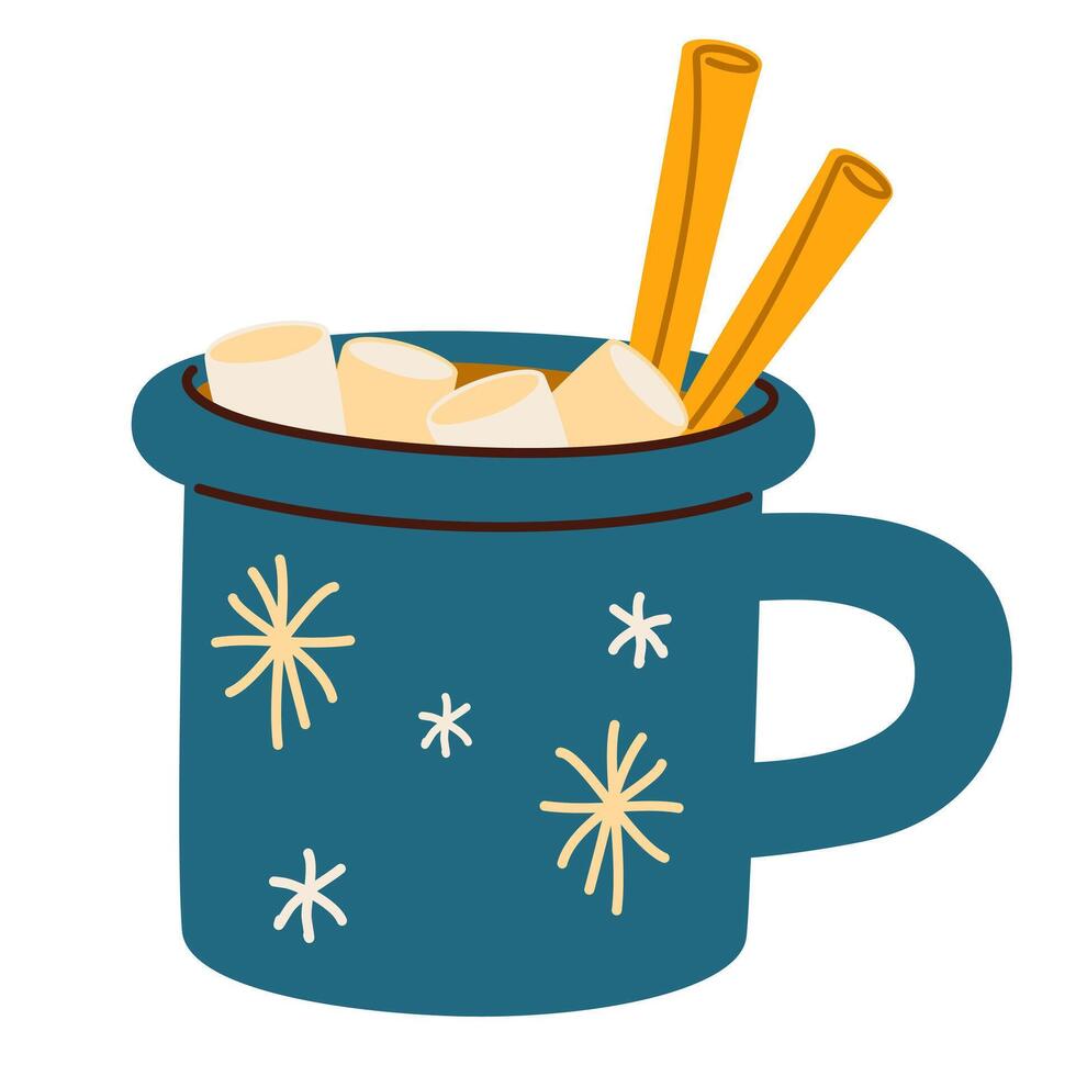 Cocoa with marshmallow in cup. Winter drink, hot chocolate in Christmas mug. Warm sweet Xmas cacao, choco beverage with yummy candies and steam. Flat illustration isolated on white background vector