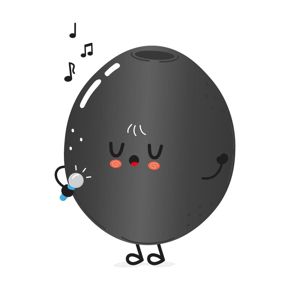 Cute Black Olive character singing into a microphone character. hand drawn cartoon kawaii character illustration icon. Isolated on white background. Black Olive character concept vector