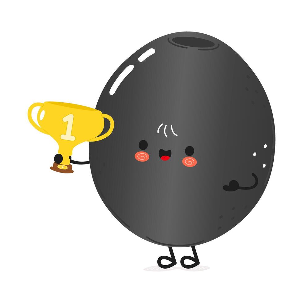 Cute cartoon Black Olive character holding a trophy. hand drawn cartoon kawaii character illustration icon. Isolated on white background. Black Olive with winner trophy cup vector
