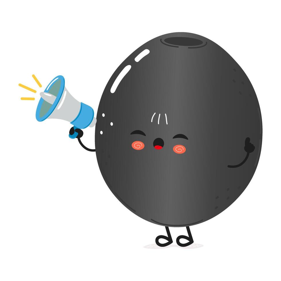 Cheerful Black Olive character holding a megaphone. hand drawn cartoon kawaii character illustration icon. Isolated on white background. Black Olive screams character concept vector