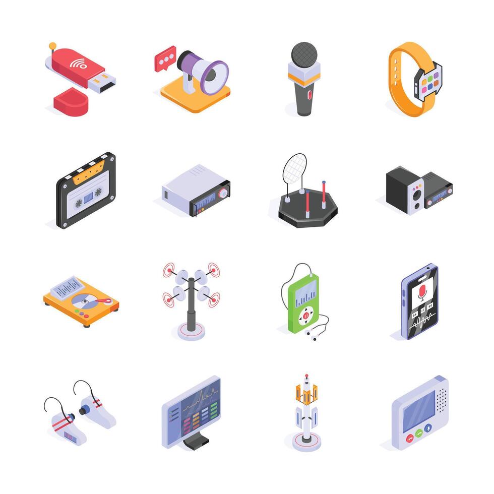 This vibrant isometric design showcases a collection of communication and technology devices, from vintage cassette players to modern smartwatches vector