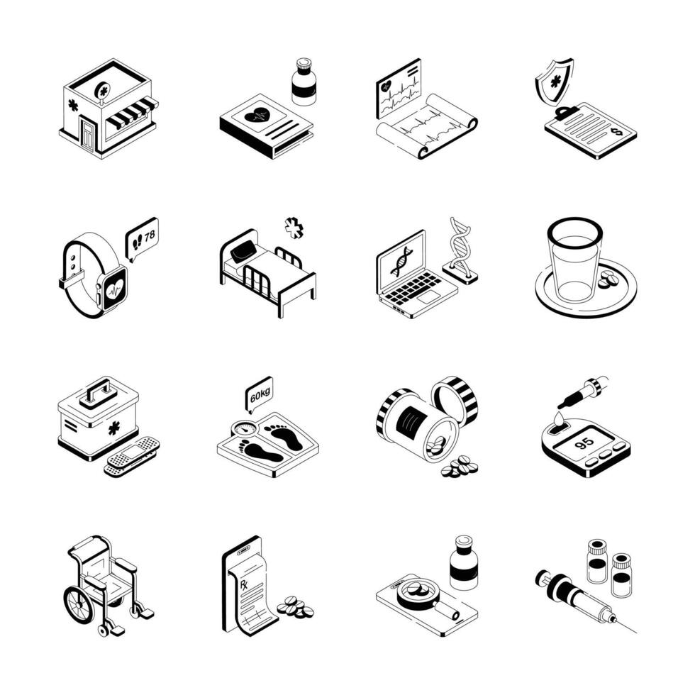 A collection of isometric icons representing various aspects of healthcare vector