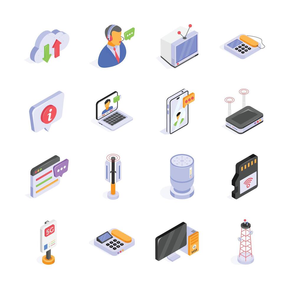 This image features a collection of isometric icons, depicting various modern communication and technology tools. vector