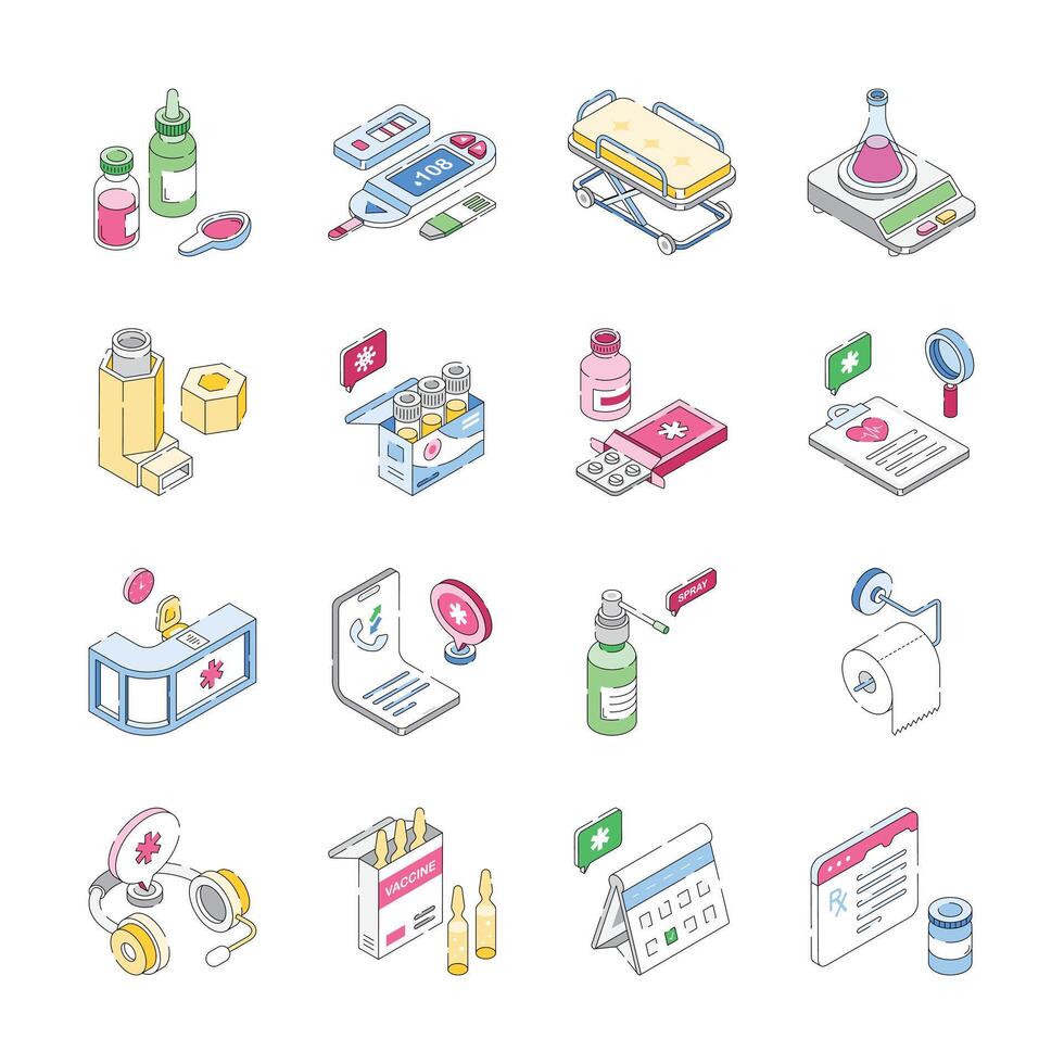 Isometric icons represent a comprehensive range of healthcare essentials, including medication, medical equipment, diagnostic tools, and support services. vector