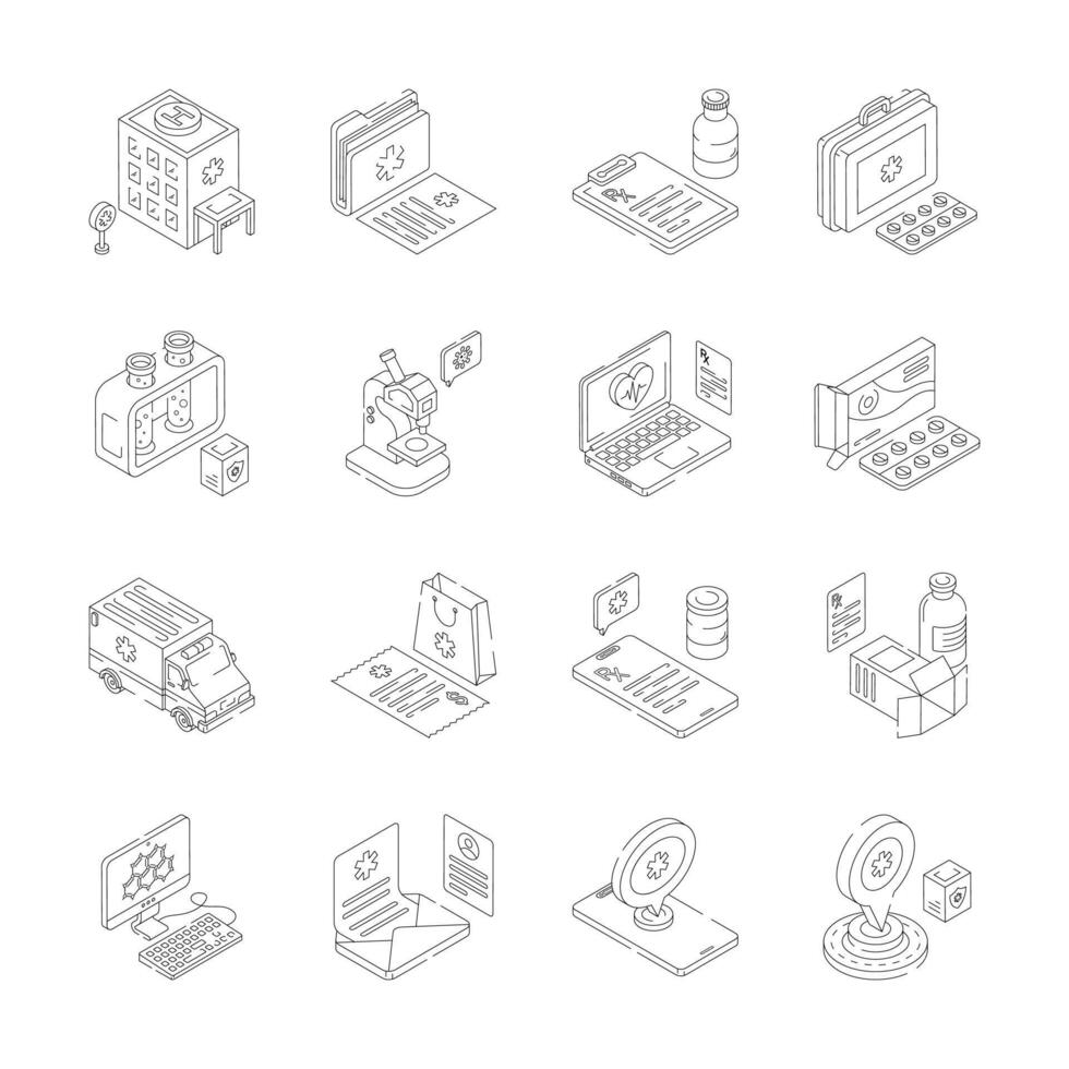 Collection of modern isometric icons represents various aspects of healthcare and pharmacy, vector