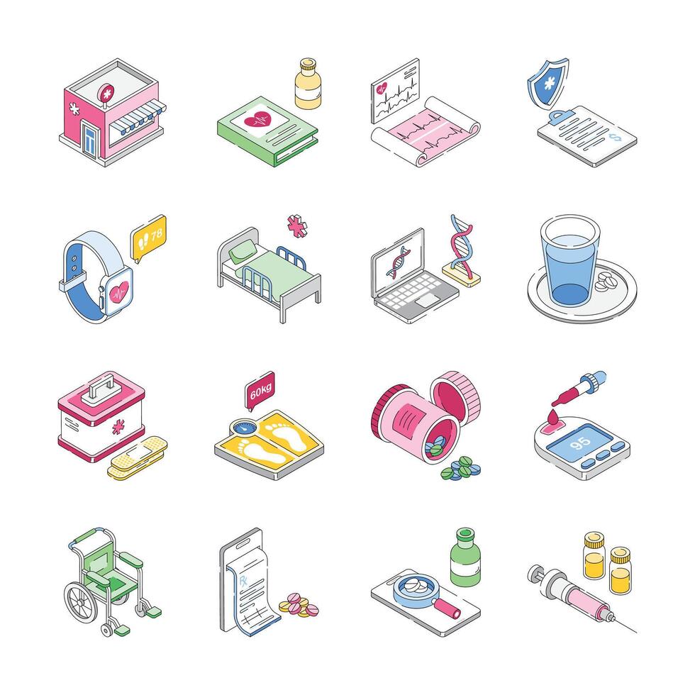 A collection of isometric icons representing various aspects of healthcare vector