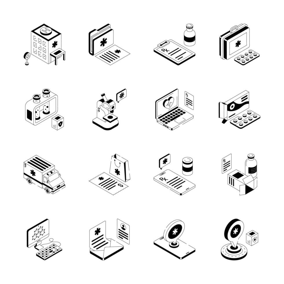 Collection of modern isometric icons represents various aspects of healthcare and pharmacy, vector