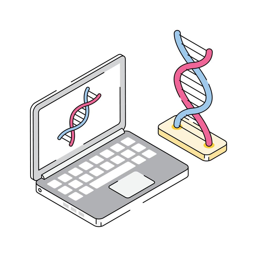 DNA strand and laptop for genetic research and analysis vector