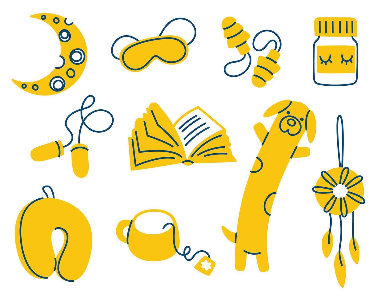 Set of items for bedtime. Improving sleep and treating insomnia vector