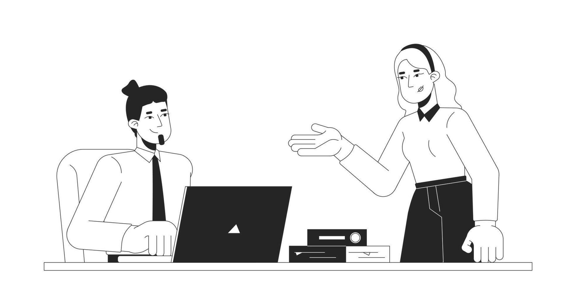 Male supervisor and female intern positive communication black and white 2D line characters. Internship business caucasian adults isolated outline people. Monochromatic spot illustration vector