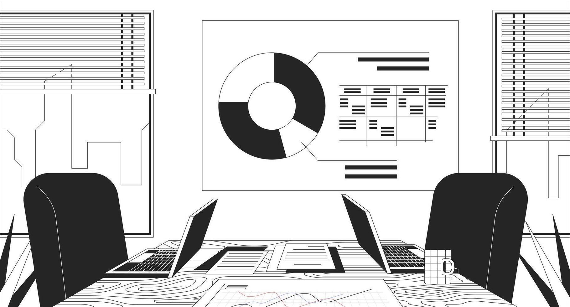 Empty meeting room black and white line illustration. Paperwork laptops on desk with chairs, charts presentation whiteboard 2D interior monochrome backdrop. Donut graph, data table outline vector
