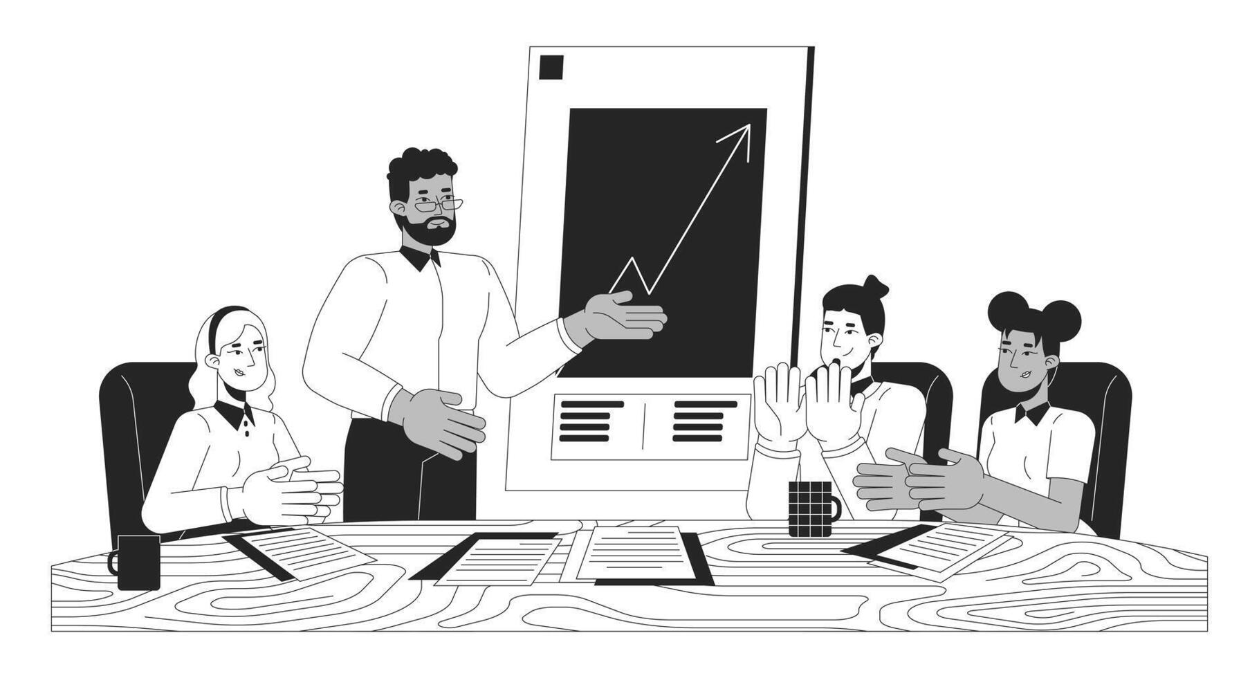 Team members clapping company revenue growth black and white 2D line characters. Celebrating startup achievement. Diverse colleagues isolated outline people. Monochromatic spot illustration vector