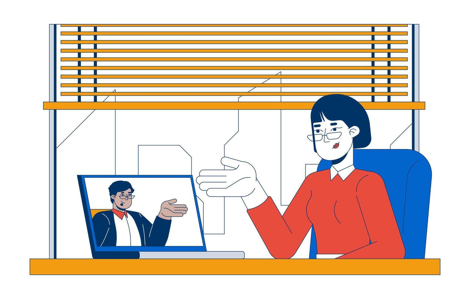 HR manager conducting interview through call 2D cartoon characters. Videoconferencing job applicant and employer isolated people flat on white background. Spot illustration colorful vector