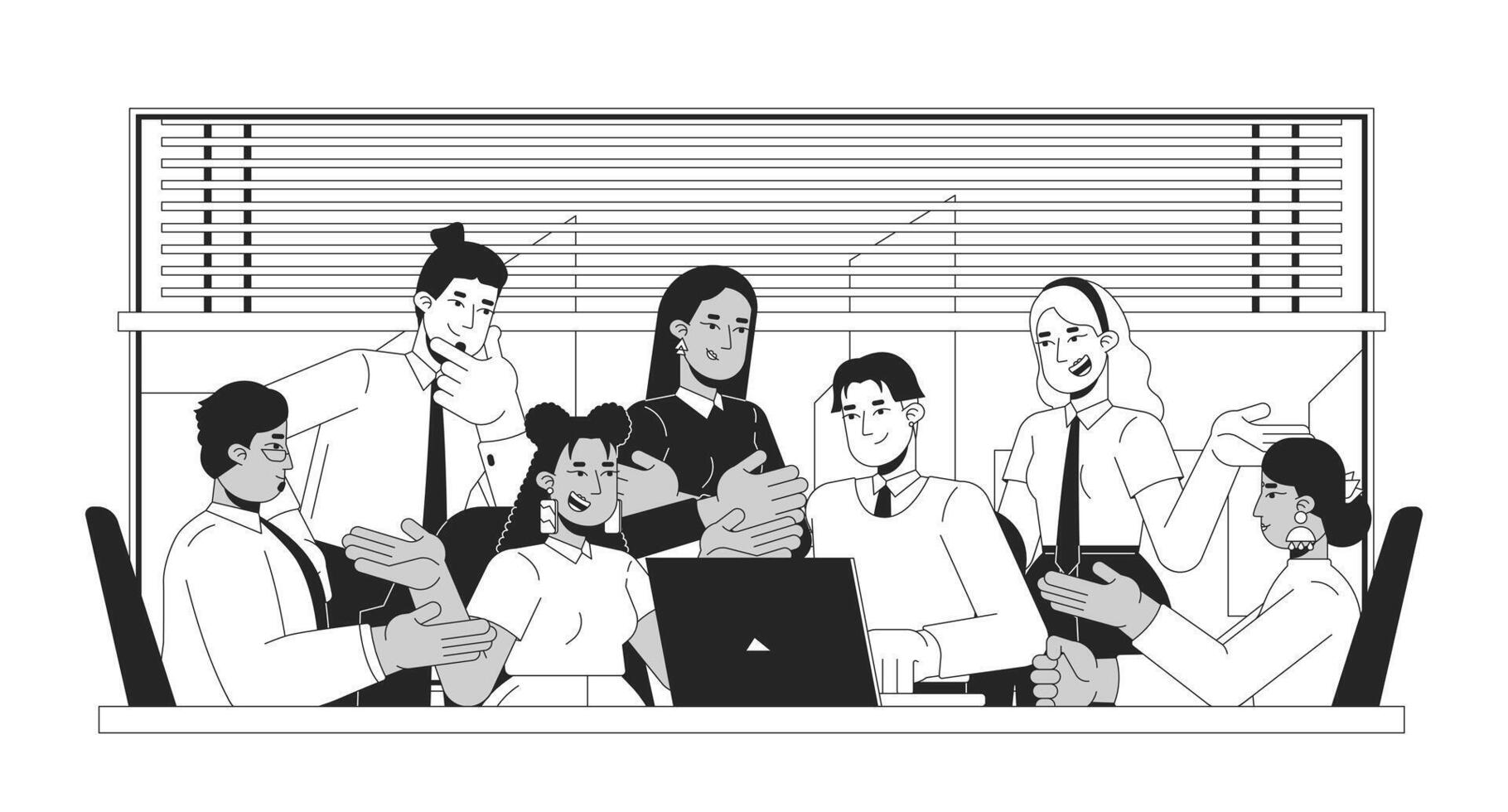 Large meeting conference colleagues linear illustration. Discussion cooperation. Multicultural coworkers collaboration business 2D line characters isolated on white. Monochrome outline image vector