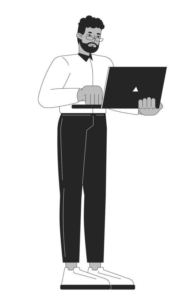 Business casual black man standing with laptop typing black and white 2D line character. African american businessman glasses working isolated outline person. Monochromatic spot illustration vector
