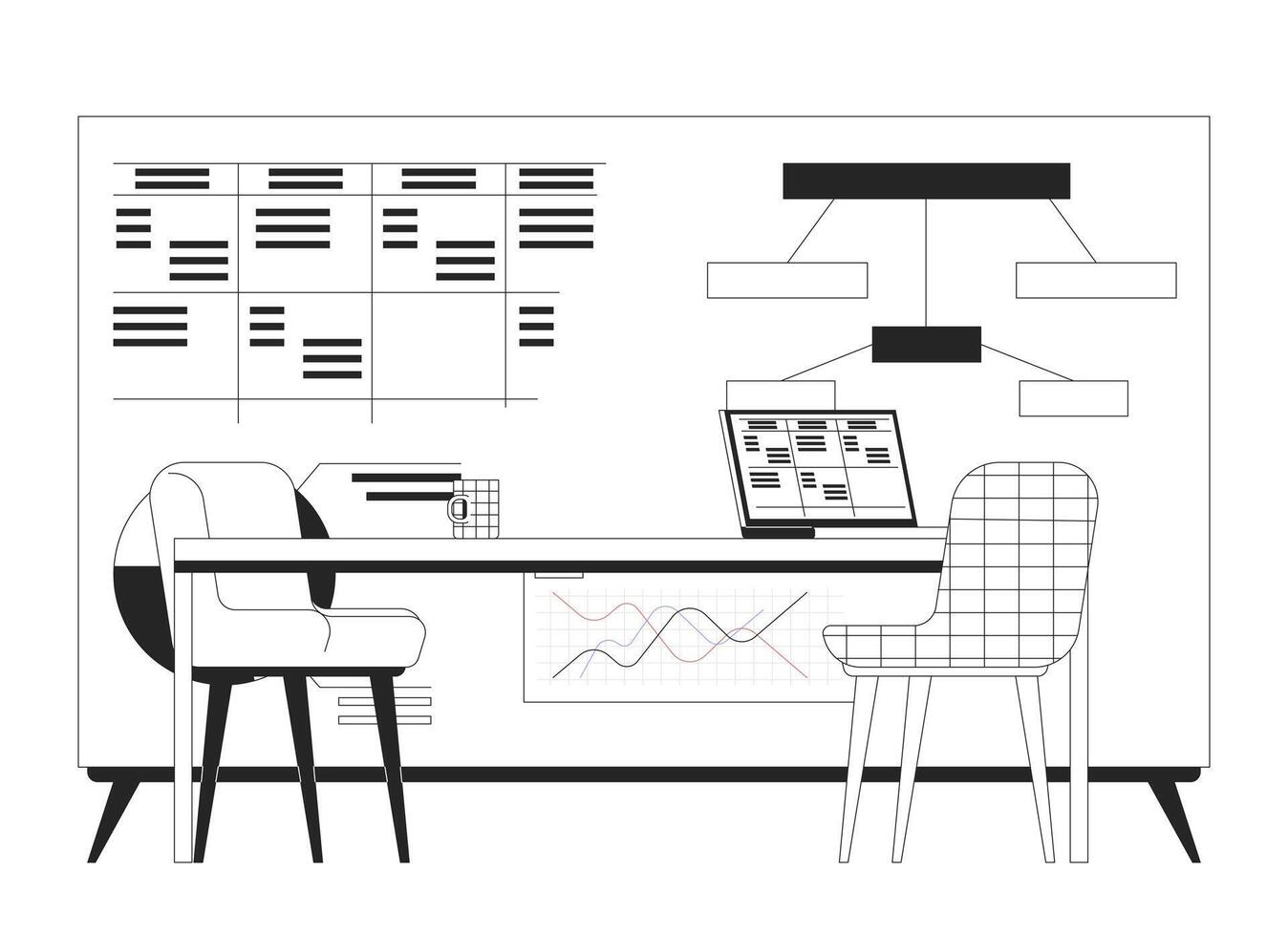 Company strategic planning presentation board table linear illustration. Data table, block diagram, stats charts. Laptop desk chairs 2D line scene isolated on white. Monochrome outline image vector