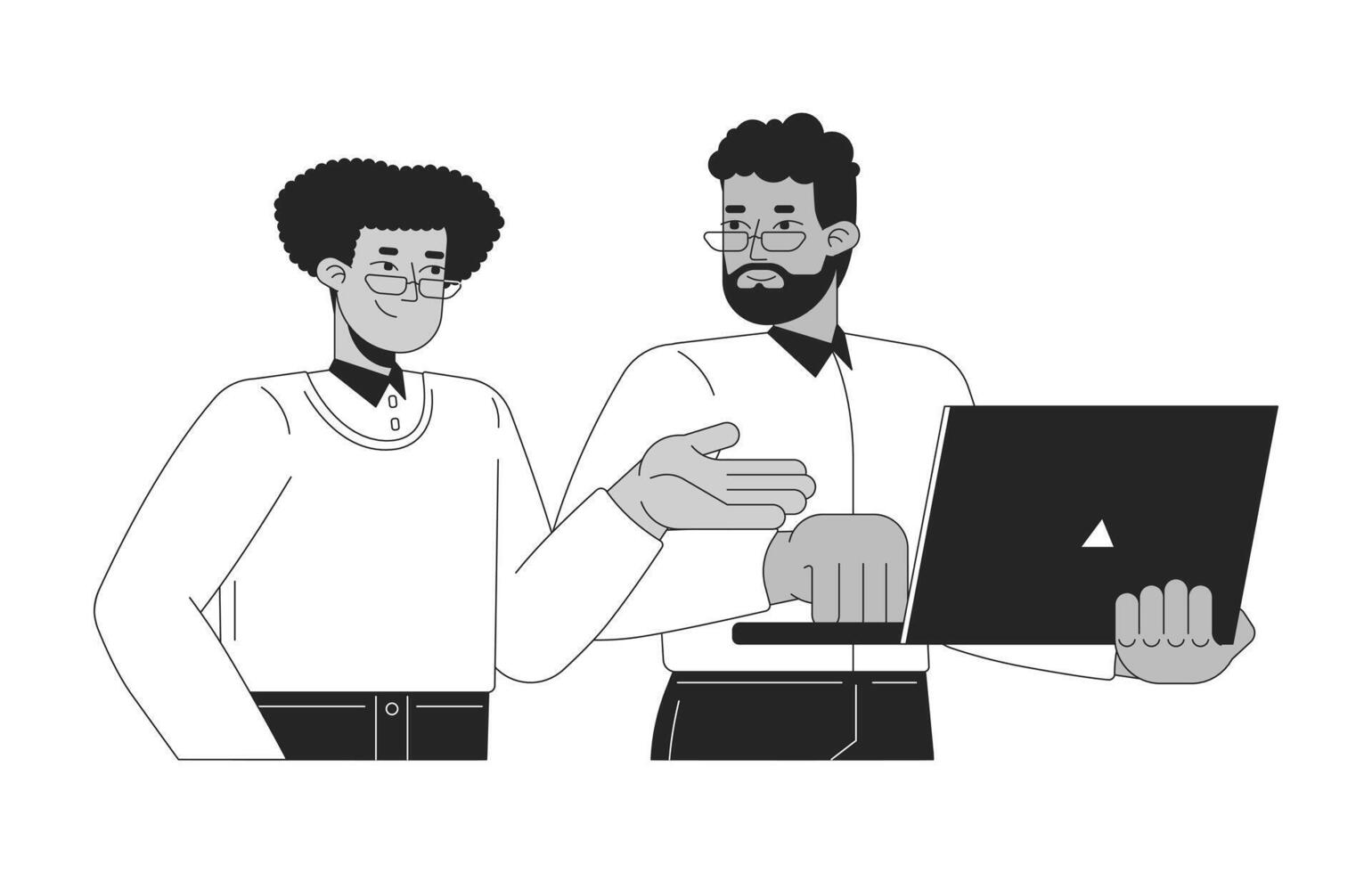 Diverse colleagues interaction laptop black and white 2D line characters. African american employee and hispanic office worker notebook isolated outline people. Monochromatic spot illustration vector