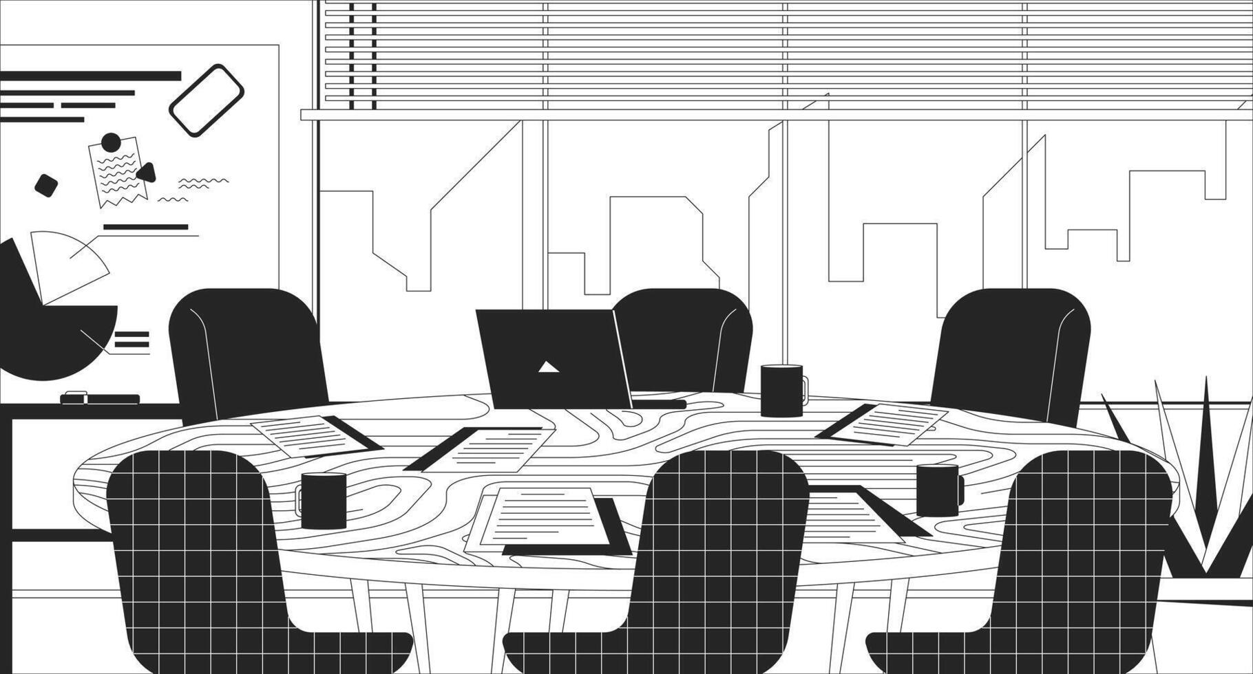 Round conference room table in empty office black and white line illustration. Meeting briefing 2D interior monochrome backdrop. Paperwork, coffee cups, laptop. Workplace furniture outline vector
