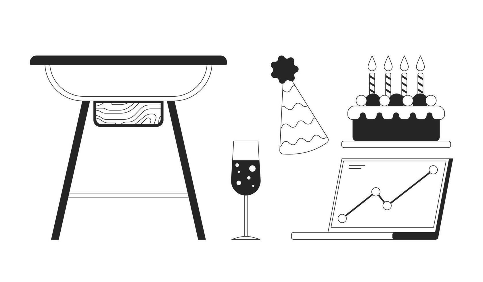Company milestone celebration party black and white 2D line objects set. Table, wine glass, candles cake, laptop isolated clip arts outline items collection. Monochrome spot illustrations vector