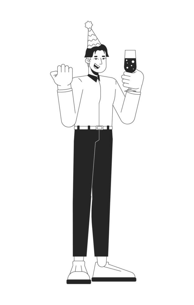 Korean office worker in party hat holding sparkling wine glass black and white 2D line character. Asian male employee toasting wineglass isolated outline person. Monochromatic spot illustration vector