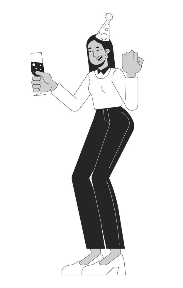 Middle eastern female employee toasting celebration black and white 2D line character. Arab woman office worker holding champagne glass isolated outline person. Monochromatic spot illustration vector