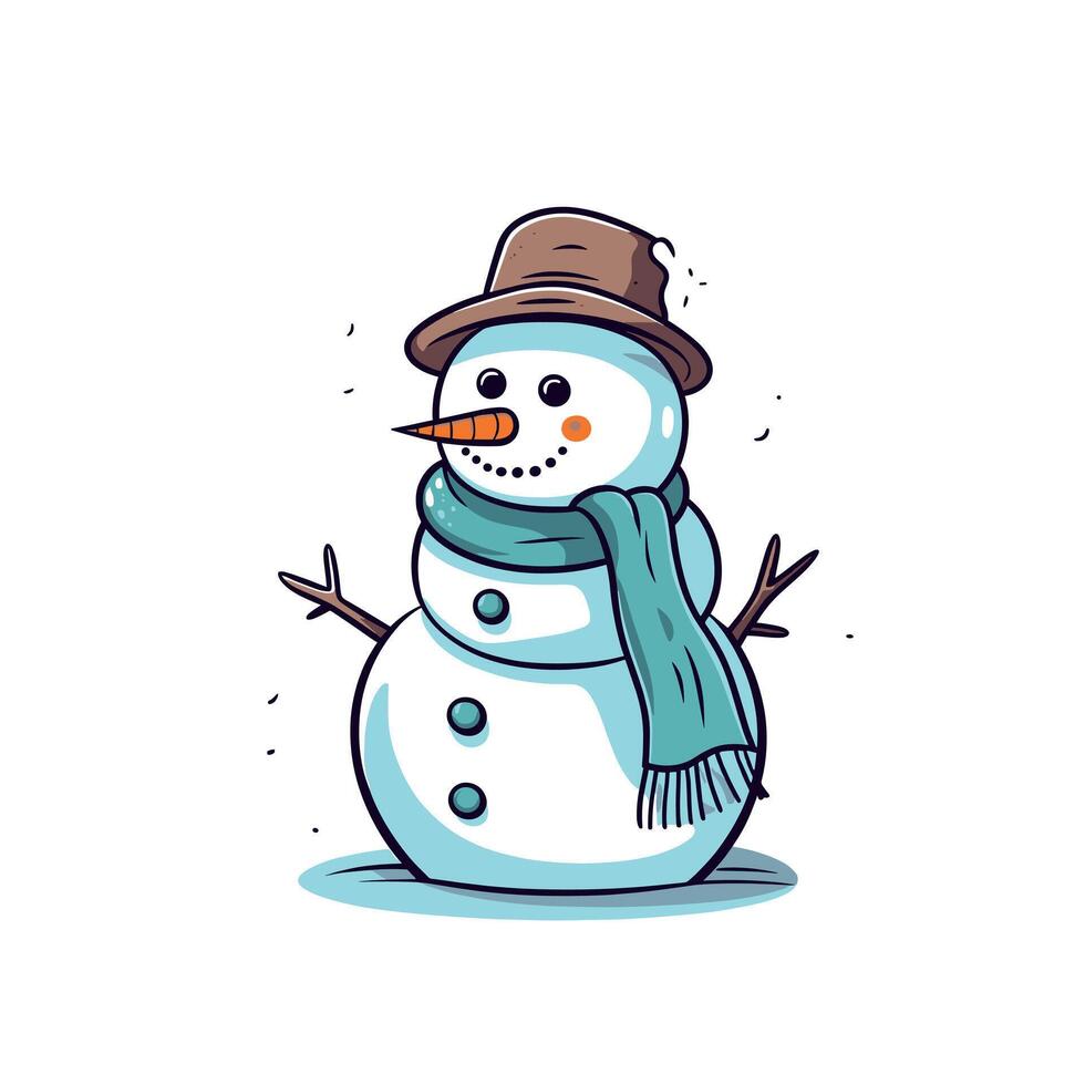 Snowman wears brown hat and blue scarf in winter wonderland setting with cheerful expression vector