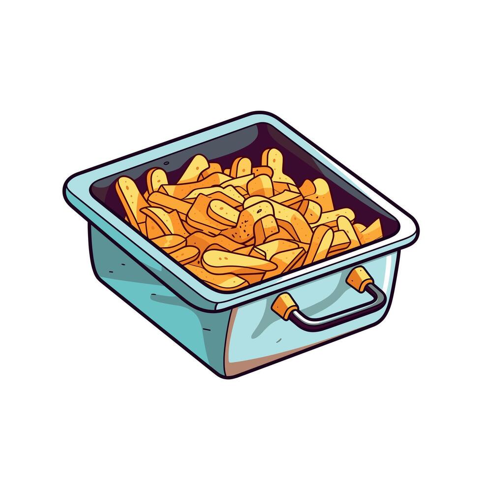 Crispy golden fries served in a metal container ready for indulgence at a casual dining spot vector