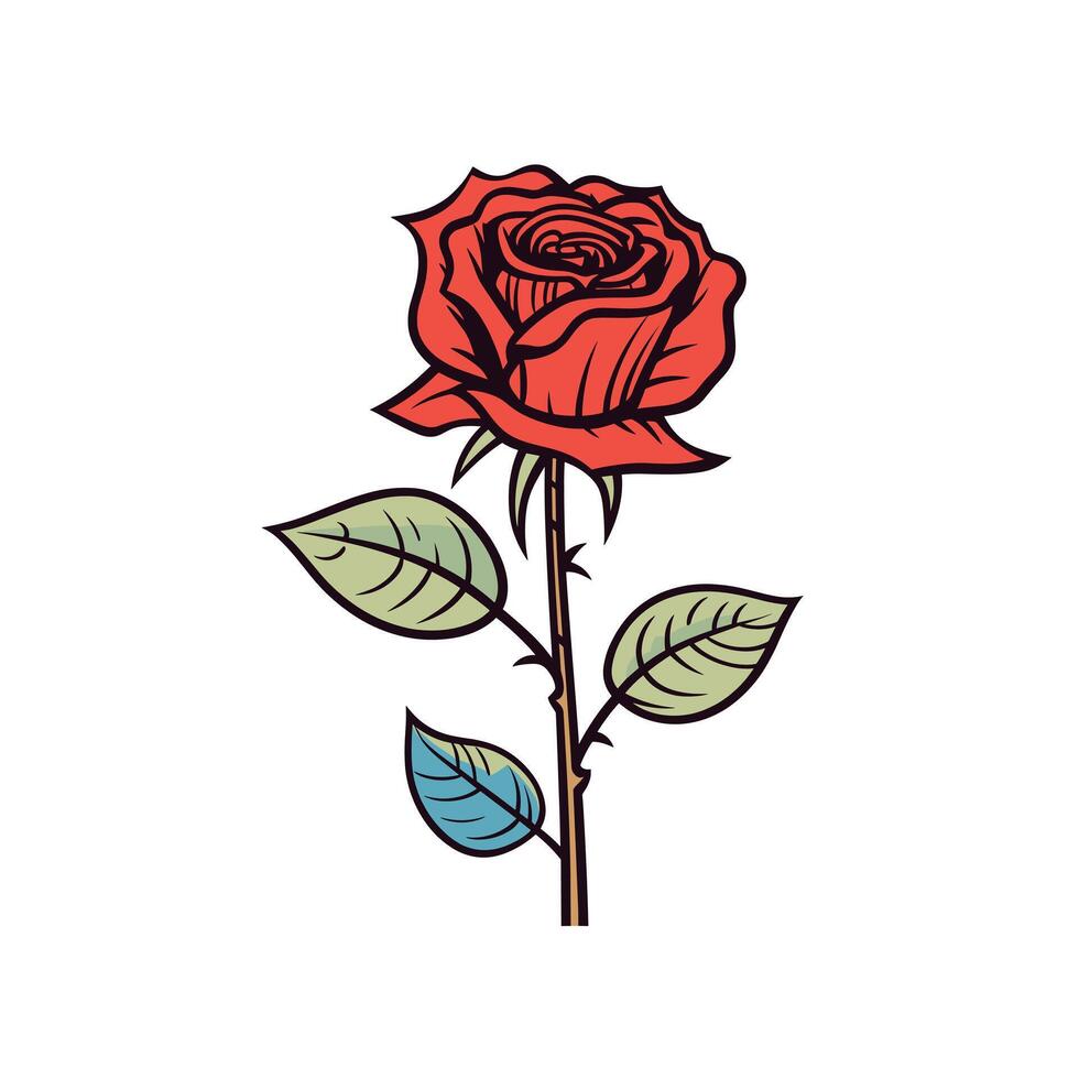 Vibrant red rose with green leaves depicted in an illustrative style against a white background vector