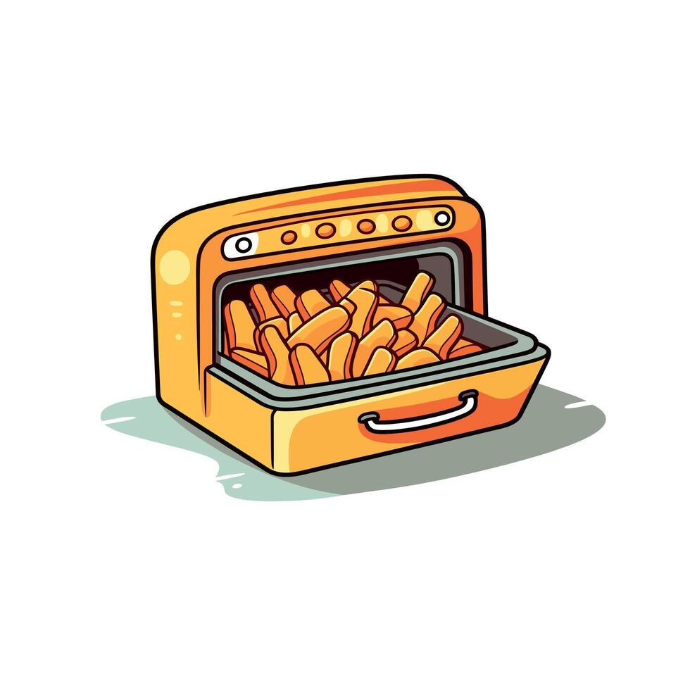 Oven filled with golden brown fries ready for serving at a casual gathering in the kitchen vector