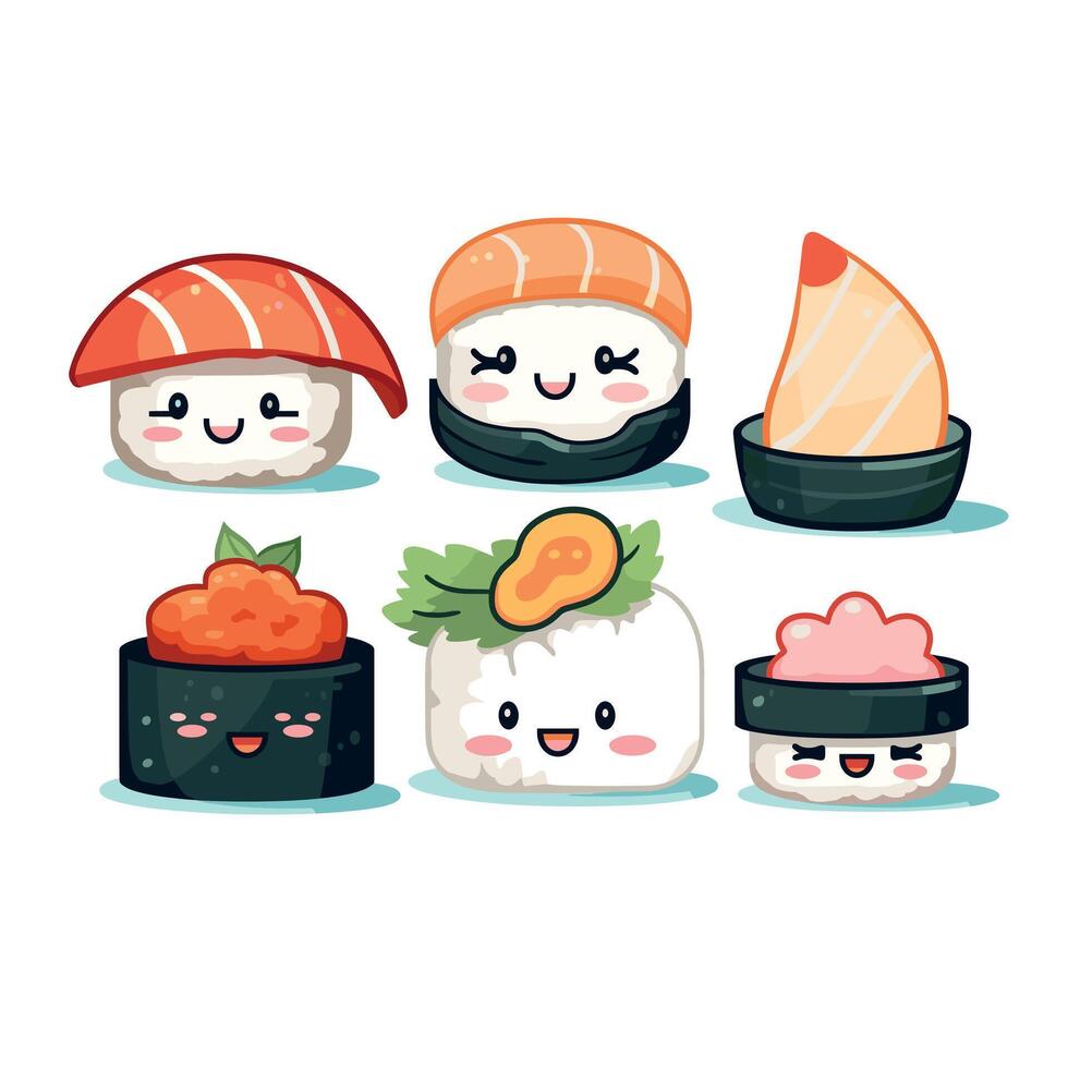 Cute sushi characters display a variety of traditional Japanese cuisine including nigiri, maki, and sashimi vector