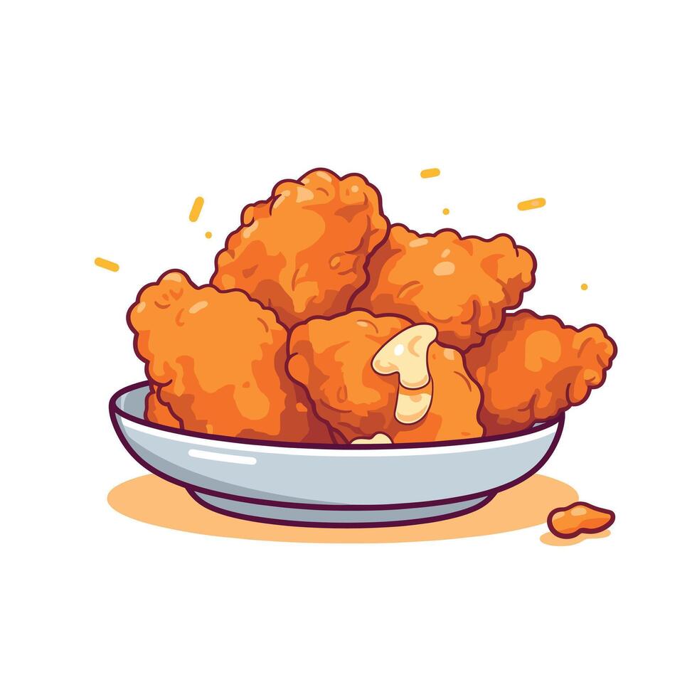 Crispy golden chicken pieces served in a white bowl on a light background with a few crumbs scattered around vector