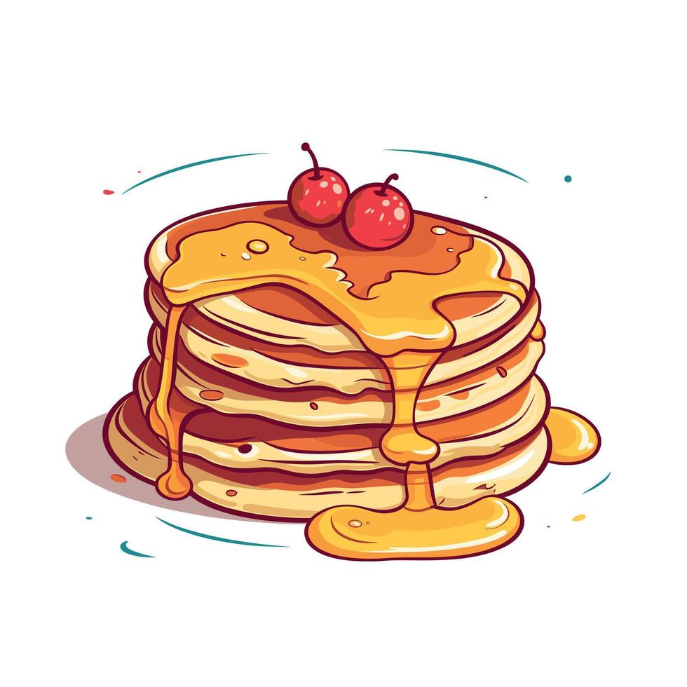 Delicious stack of fluffy pancakes topped with syrup and cherries on a plate vector