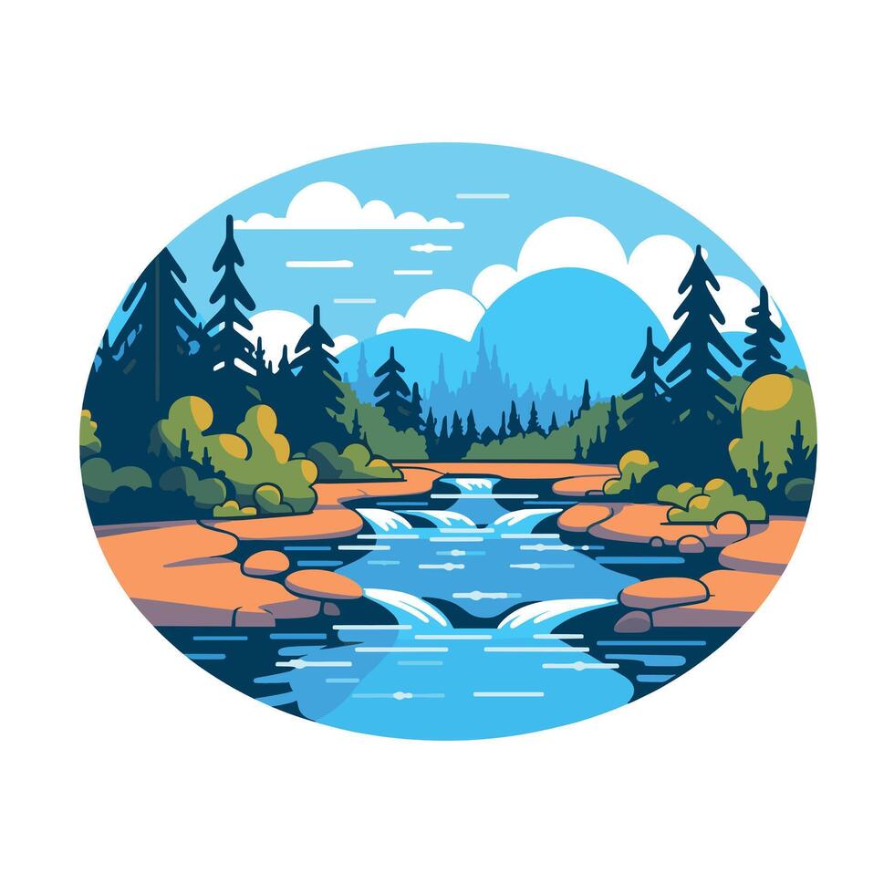 Flowing river surrounded by lush greenery and mountains under a bright blue sky during daytime vector