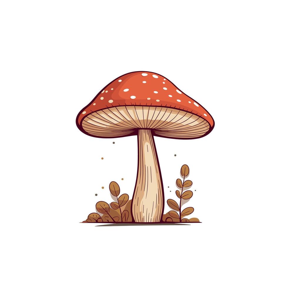 Bright red mushroom with white spots growing in a natural setting surrounded by small plants and foliage vector