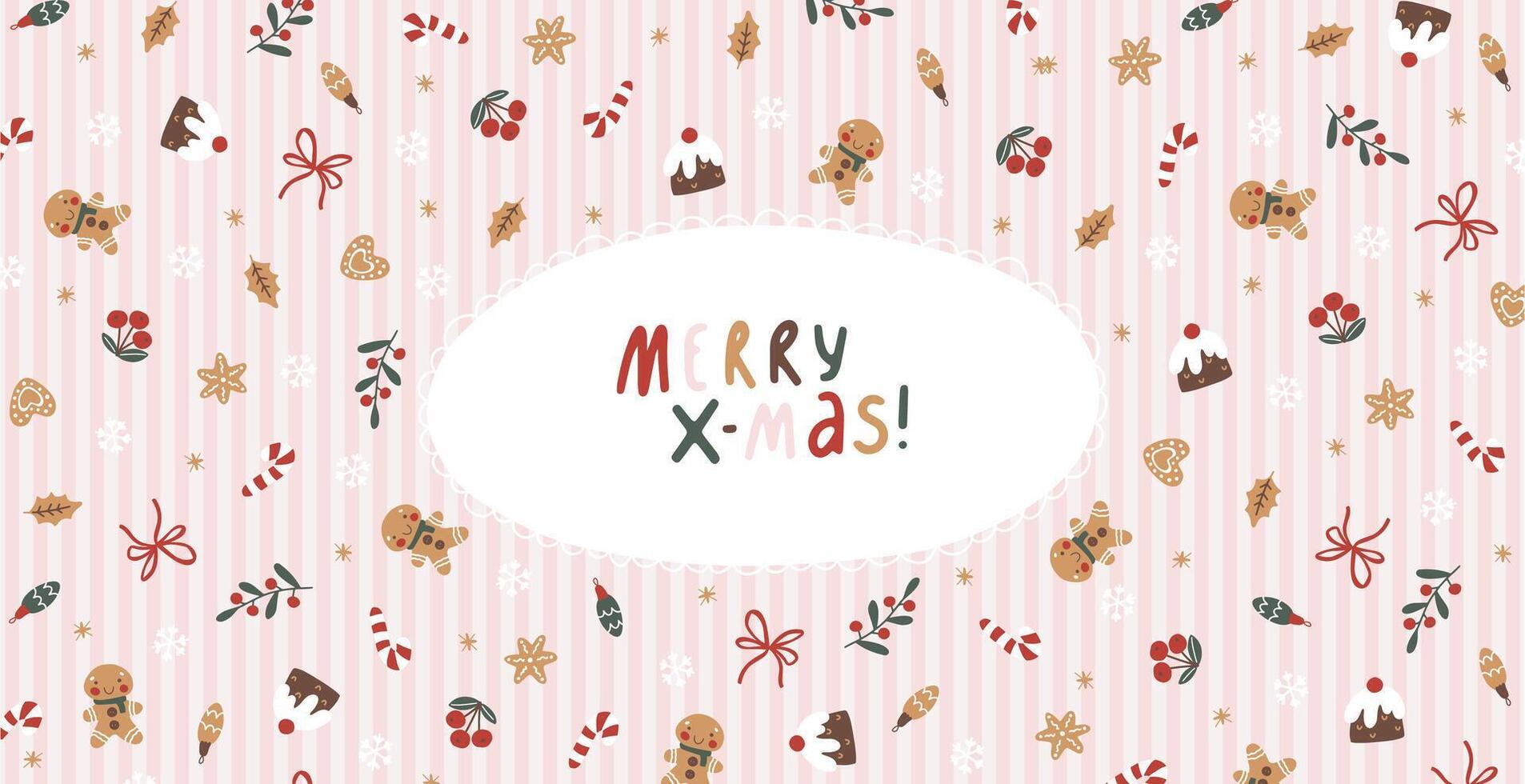 A playful hand-drawn Christmas card with a soft pink striped background. Featuring festive doodle elements and the message Merry X-mas. Perfect for sending holiday cheer and warm wishes vector