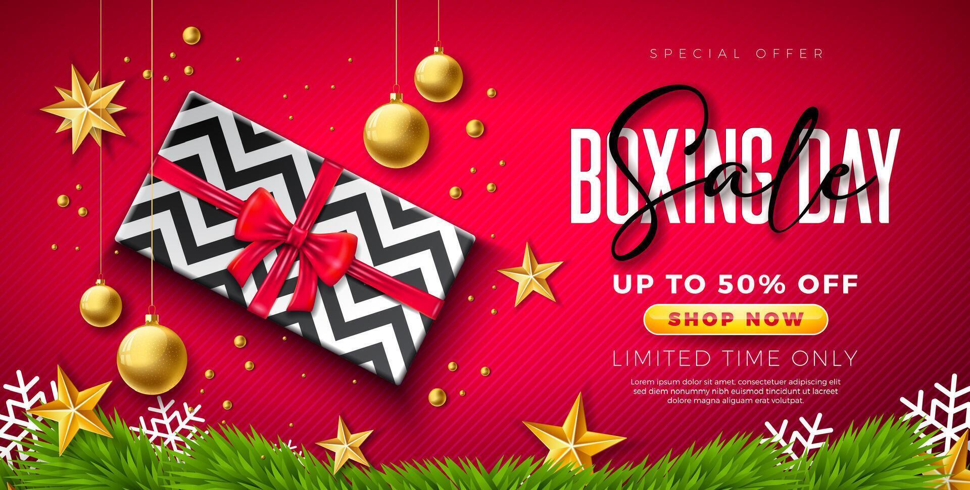 Boxing Day Sale Design with Gift Box, Golden Ornamental Ball and Typography Lettering on Red Background. Christmas Holiday Business Illustration with Special Offer Elements for Coupon, Voucher vector