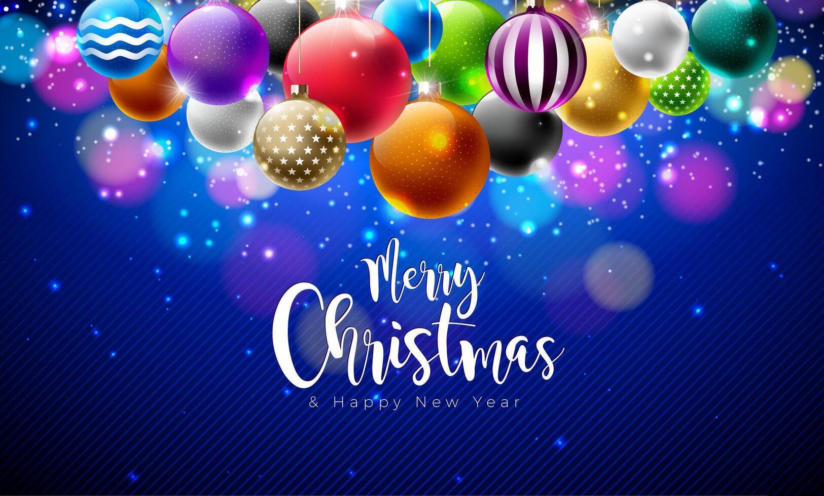 Merry Christmas and Happy New Year Illustration with Colorful Glass Balls and Typography Letter on Shiny Blue Background. Holiday Season Banner Design for Greeting Card, Party Flyer vector