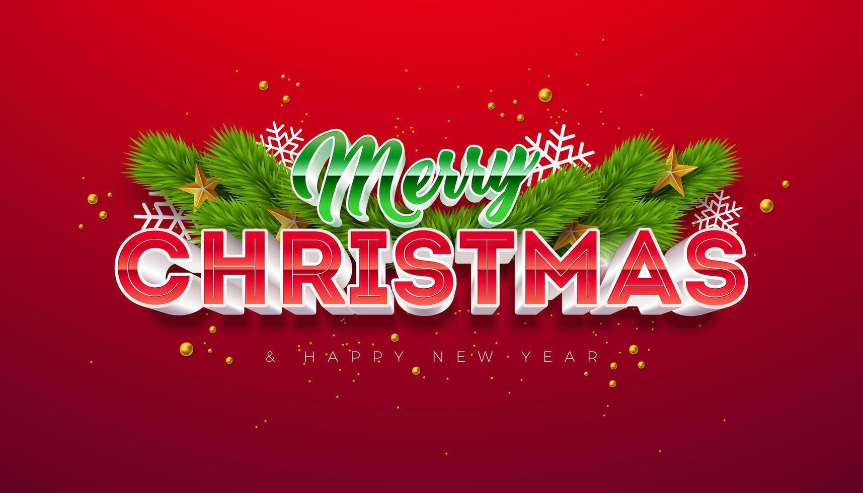 Merry Christmas and Happy New Year Banner with Fir Branch and 3d Typography Lettering on Red Background. Holiday Season Banner Design for Greeting Card, Party Flyer, Celebration Poster and vector