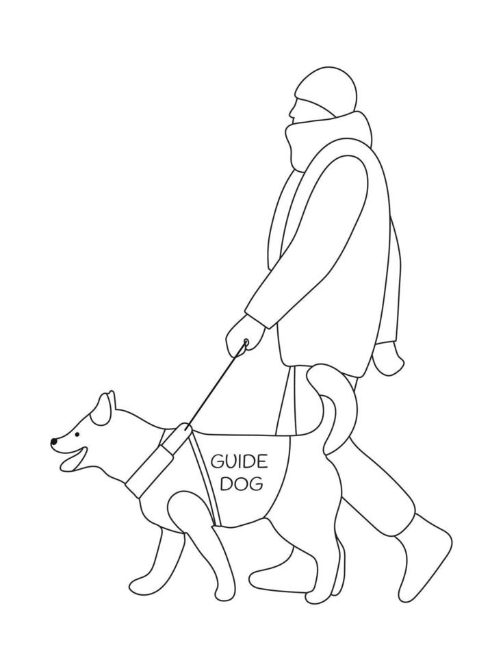 Blind Person In Jacket, Scarf And Hat Walking With A Guide Dog Assistant Outdoor In Winter Time. Outline Black Drawing Isolated On White. illustration vector