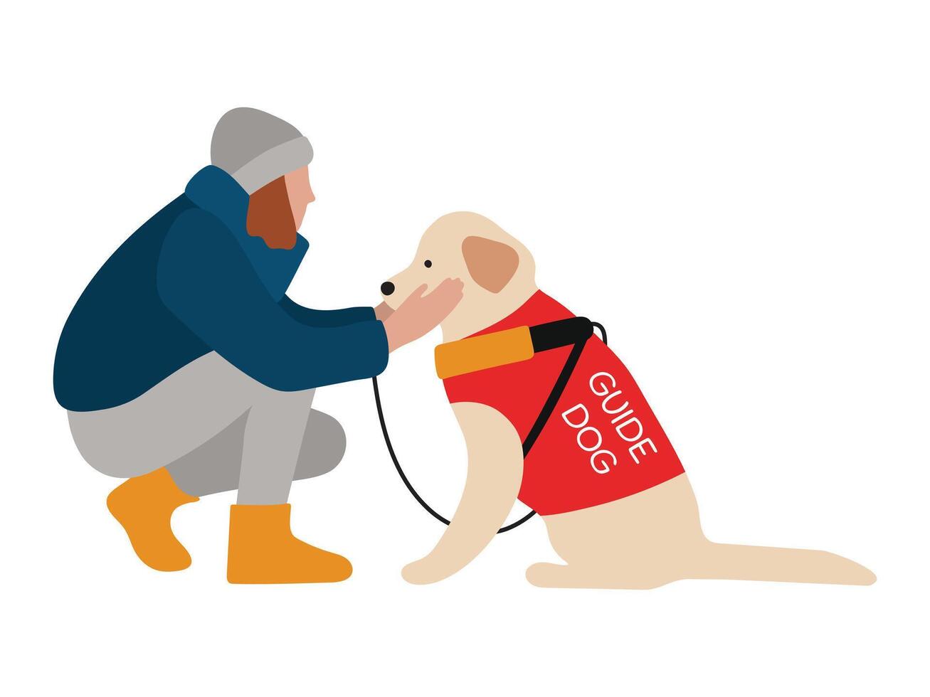 Girl In Hat And Coat Sitting With Guide Dog For Blind People. Winter Time Outdoors. Illustration Isolated On White. Flat Style. vector