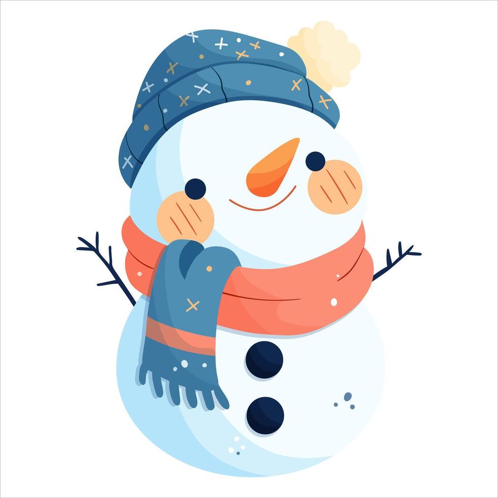 A snowman in a blue hat and an orange scarf decorated with snowflakes. Isolated on a white background vector
