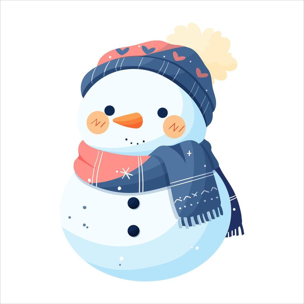 A snowman in a blue hat and a blue scarf decorated with snowflakes and hearts. Isolated on a white background vector