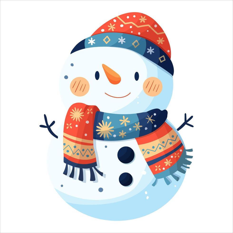A snowman in an orange hat and a blue scarf decorated with snowflakes. Isolated on a white background. vector