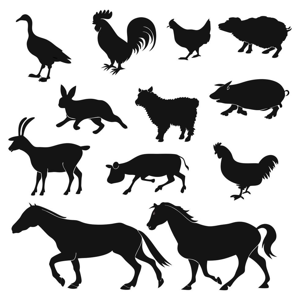 A collection of farm animal silhouettes on a white background, cattle symbol. vector