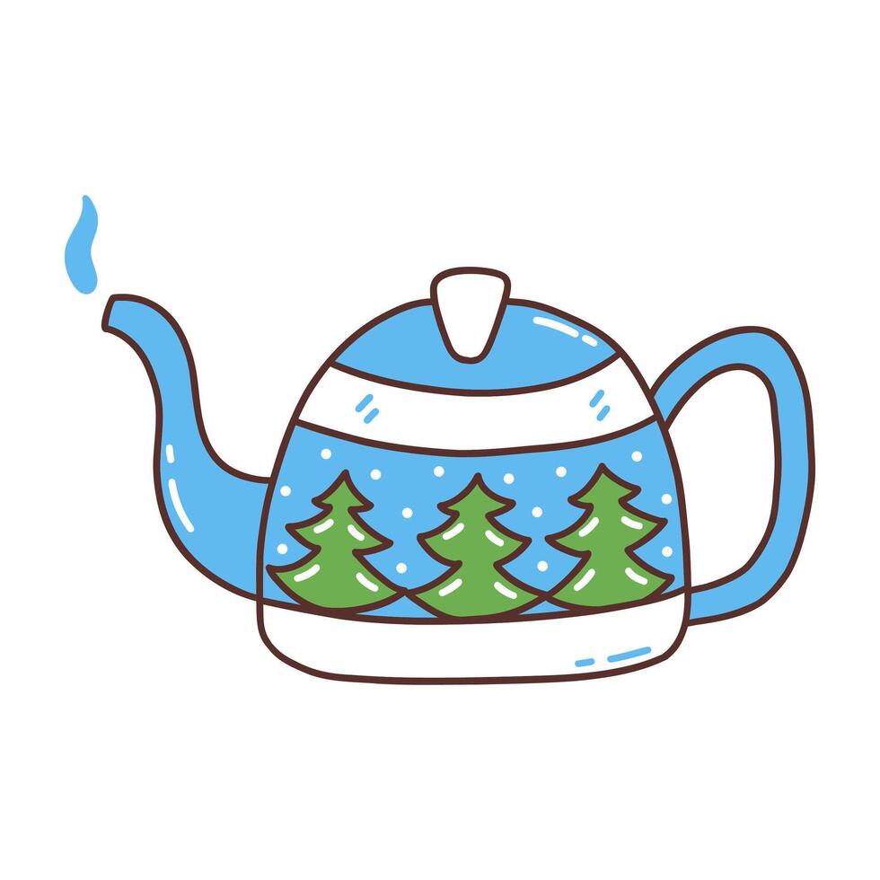 Blue hot teapot. Print of Christmas trees and snow. doodle vector