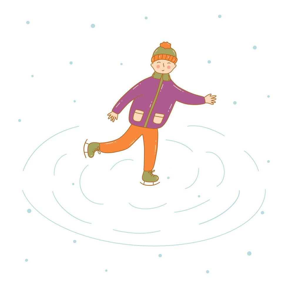 Happy boy skating on ice. Winter fun. Snowing. vector