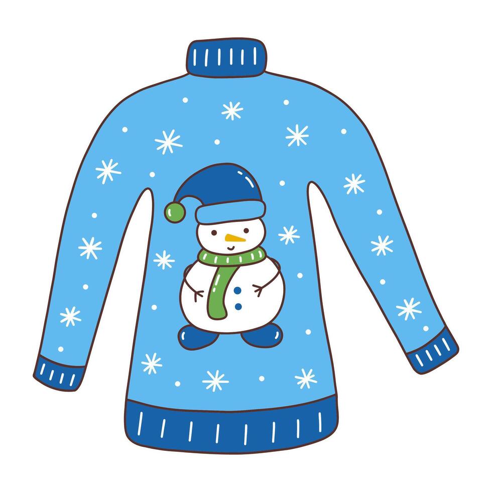 Winter cozy blue sweater with snowman and snowflakes. vector