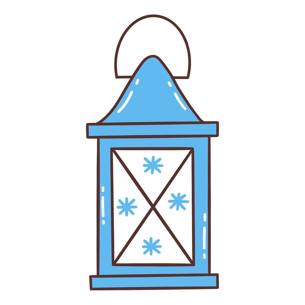 Blue glass scandinavian lantern with snowflakes. doodle vector